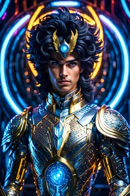 Ultra-detailed benevolent cyborg Saint Seiya in a spaceship, with anthropomorphic cybernetic elements on metal armor, neon lights reflections, reflection mapping, intricate design and details, dramatic lighting, Cinematic lighting, Volumetric lighting, Epic composition, Photorealism, Bokeh blur, Very high detail, Sony Alpha α7iv, ISO1900, Character design, Unreal Engine, Octane render, HDR, Subsurface scattering, by addie digi