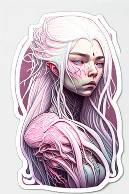 a sticker of a woman with a long white hair and a veins connected to face and hair, dan mumford and alex grey style, trending on artstaion, pink skin, portrait of anime woman, inspired by Karol Bak, porcelain looking skin, connectedness, twitter pfp, yosuke ueno, blonde girl, anatomically perfect, biopunk armor