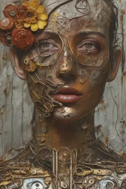 an abstract painting of rusted metal and flowers, by anselm kiefer and lucian freud, rust, scaffolding, iron cladding, decay, mixed media, textured, anatomically correct, beautiful perfect face, sharp focus, highly detailed