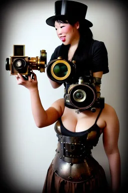 Steam-punk style random-mask. Large fencing mask covers cheeks. Trim girls. Reflective white plastic skin. Camera lenses as eyes. Head full of integrated old-fashioned cameras. Golden to cyan surfaces body, latex. Perfect body, thick thighs and calves. Asa Akira. SElfie with old-fashioned cameras in both hands. Wide hip, skirt bleats nicely. Camera at mons veneris. Partly symmetrical. Cameras hanging on wide plastic belt. Euclidean 3D-tiling walls. minimalism. surveillance walls