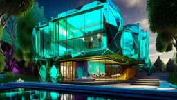 A futuristic, eco-friendly abode composed of intricately arranged, rectangular glass modules in a kaleidoscope of colors, each serving a distinct purpose, such as a turquoise library, an emerald green garden, or an amber-hued music room, all seamlessly integrated into a sleek, modern design that showcases a dazzling interplay of reflections, refractions, and vibrant hues, nestled amidst a serene, lush landscape with towering trees, winding pathways, and a gentle, misty waterfall, emphasizing the