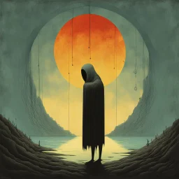 Surreal style by Alessandro Gottardo and John Stephens and Zdzislaw Beksinski, the faceless spinning dark shine hole in the soul, hot colors and cold hues, eerie, neo-surrealism, creepy, concept art, unbalanced and uncentered composition