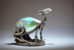 Little sculpture of a strange creature made with concrete and driftwood and mother-of-pearl and low voltage filament lit