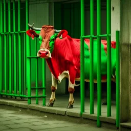 a green and red cow in the prison