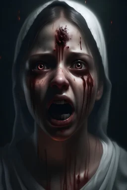 A horror digital realism portrait of a praying blind girl with gloomy eyes and bleeding mouth shouting her soul out