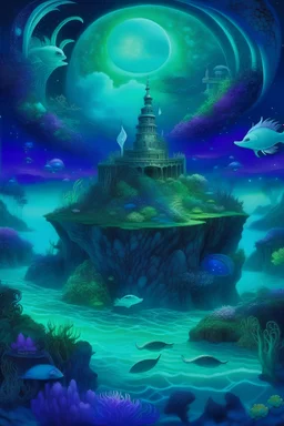 Design an otherworldly ocean dreamscape featuring surreal elements such as floating islands, ethereal sea creatures, and cosmic reflections in the water. Craft intricate details that invite creative coloring, combining both the mysterious depths of the ocean and the dreamlike quality of a fantastical landscape. Encourage the use of a mix of deep blues, iridescent greens, and shimmering purples to create a mesmerizing and visually stunning under for coloring book