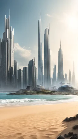 A long, sweeping Sandy Bay With sci-fi skyscrapers Along The Shoreline