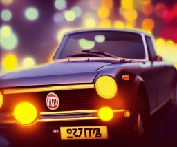 fiat 125p, city. high speed. bokeh. lens flare. warm lights. high detailed. oil on canvas