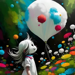 una niña vestida de blanco brillante en un jardin lleno de flores , mirando al cielo caer globos de colores al estilo Pablo Picasso