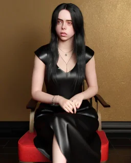 Billie Eilish, sitting on a chair, Black Short Dress, high detail, realistic