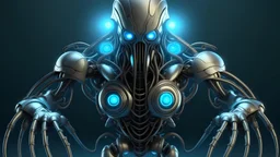 robotic superhero with tentacles and laser beam emitting eyes hyperrealistic