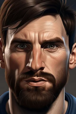 Lionel Messi, male, detailed, hyper realistic, 34 year old world-class footballer, short-cropped brown hair, well-groomed beard, Blue eyes::3 brown hair::2 head and shoulders view::3 FC Barcelona jersey::1 light stubble::3 smiling expression::2 natural daylight::3