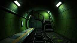 GAME CONCEPT ART .two poin perspective.Station platform and stairs from side .photograph inside of hole .very big ambient.gient station.Inside the old subway tracks, . Low light and closed green moss walls. Like the original design of the game space ,digital art.landscape,far camera old painting,2 Chen and George Hopper, Rembrandt lighting, a dark green color scheme, . --ar 13:16 --v 6. 0 metro game