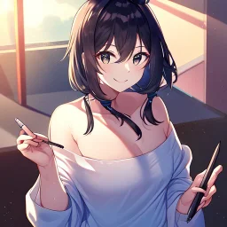 Clear focus, High resolution, a anime adult, cute, cartoony style, smiling, hair between eyes, holding a pencil, small forhead, female, medium length hair, long locks, lots of bangs, teacher, wearing a off shoulder shirt, no spaghetti straps