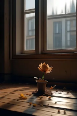 Distance shot of Dying flower in pot, sitting on windowsill, petals falling off onto the windowsill and hitting the wooden floor below , looking straight on, light coming from window behind the flower, hd, realism, hdr, 4k, leica, fujifilm, dslr, cinematic