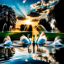 camera captures full scene of where 12 fountains in a small sea shoot water jets in sky and splashes of water ,in country side,pretty cloudy sky ,moving clouds and godrayes sunset,swans and duks in water .