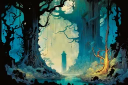 create a wildly conceptual illustration of an ethereal, otherworldly , darkened, ancient forest draped in hanging moss and climbing vines, in the comic book art style of Bill Sienkiewicz, Mike Mignola, Sparth, and Jean Giraud Moebius, finely drawn, colored and inked, suffused with dramatic natural light and shadow under a midnight blue moon