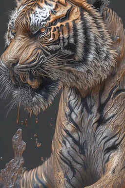 a hyper-realisitc tiger melting like wax, hyper-realistic natural form, full body, highly detailed melting details, emotional expression, detailed emotions, hyper detailed melting of the animal to the ground, engraved fur details, anatomically correct animal, dark colour tone, epic colour treatment, cinematic colour treatment, meticulously intricate perfectly symmetrical extremely detailed, pixiv daily ranking, pixiv, extreme depth of field, artstation, sculpture style, spec