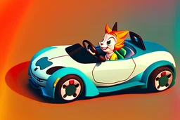 whimsical cartoony sports car with a small mascot character driving it, celshaded comic style