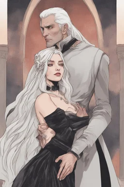 Strahd Von Zarovich being kissed by a beautiful woman with white hair, wearing an off the shoulder dress. Settling and background are a lavish toomb with an ebony coffin.