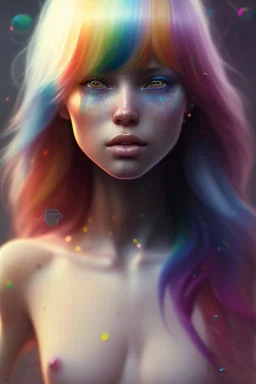 girl, cute, beautiful, long hair, rainbow hair, rainbows, close up portrait by Greg Rutkowski