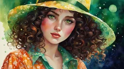 highly detailed, curly brown hair, green eyes, hat,printed dress, vivid colors, watercolor portrait, dramatic light, realistic, by Alyssa Monks, Afarin Sajedi, Brian Kesinger, Thomas Kinkade, Pascal Campion, Craola.