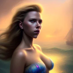 A beautiful portrait of Scarlett Johansson as a mermaid , leaning on a ships deck ,Rough sea in the background, (digitall art by Eugene de Blaas and Ross Tran, vibrant color scheme, highly detailed, in the style of romanticism, cinematic, artstation best quality, realistic lighting, masterpiece portrait, details light dusting , cowboy shot from above, simple chain hauberk Vector art digital illustration 3D shading )