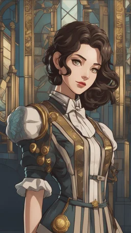 Yong Elizabeth in 8k bioshock artstyle, 2D anime them, full body, intricate details, highly detailed, high details, detailed portrait, masterpiece,ultra detailed, ultra quality