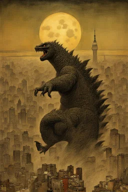 godzilla destroying tokyo painted by gustav klimt