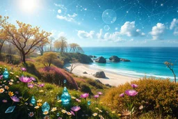 enchanted cosmic forest in spring with bright little flowers and little gems and crystals with a crystalline sea and beach