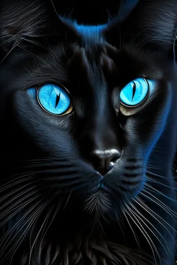Black cat looking straight ahead with blue eyes, black background
