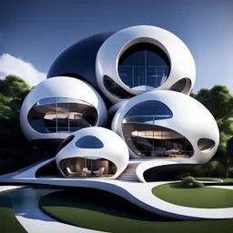Cinco casas esféricas estilo Zaha Hadid minimalistas, calidad ultra, hiperdetallada,12k