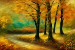 Autumn landscape in think oil paint stokes, expressionist painting style of Van Gogh, Klimt, Renoir Modifiers: bokeh beautiful fantastic view Van Gogh Yossi Kotler Art