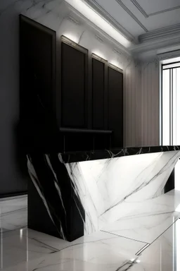 Museum reception desk with black walls, white floor, hidden or rich lighting, and the use of marble in the design