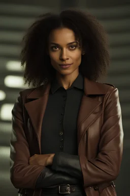 Maisie Richardson-Sellers as Matilda Harris, Doctor Who companion, black leather outfit.