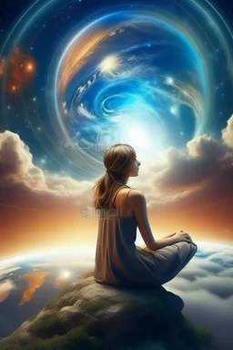 Beautiful meditating Woman connected with planets in the stunning lighting space and spirit in clouds and heaven behind her a big earth background