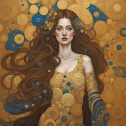 🔥 PROMPT: A stunning painting in the style of Gustav Klimt depicting a woman with long hair in a full-body portrait. The artwork features golden circles and swirls, a shimmering gold leaf background, and rich, detailed colors. This intricate piece exemplifies the Art Deco movement with its masterful design and vibrant elements.