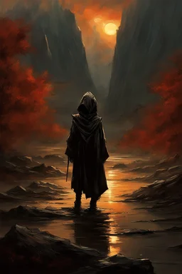 A formidable warrior-a 10-year-old boy in a black robe with a hood, on the background Amazing gloomy landscape, flooded with sunset, mountains, trees, fabulous scary hero, , juicy emotions, painting, dark fantasy, bad weather, gloomy day, dark world, by Raymond Swanland & James Paick