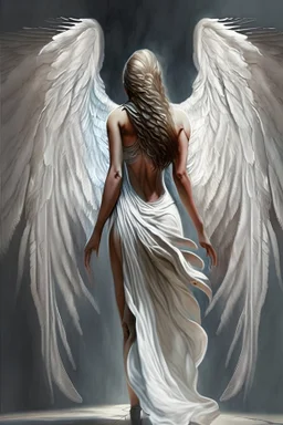 full body woman angel from back wings coming from her back, angel wearing long tunic hyper realistic