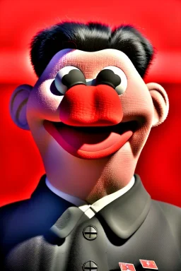 Waist up muppet Portrait, Kim Jong-un muppet doll, black suit, photo studio, red background, unreal engine 5, concept art, art station, god lights, ray tracing, RTX, lumen lighting, ultra detail, volumetric lighting, 3d.