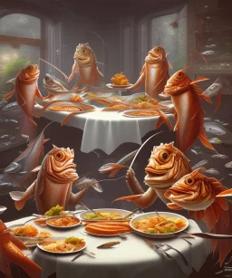 supper, fish sit at the table and eat pieces of people.