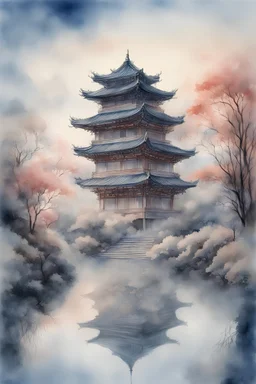 The place where the Dream and its followers live. A reflection of the sky. Watercolor, new year, fine drawing, beautiful landscape with Chinese style building, lots of details, delicate sensuality, realistic, high quality, work of art, hyperdetalization, professional, filigree, hazy haze, hyperrealism, professional, transparent, delicate pastel tones, back lighting, contrast, fantastic, nature+space, Milky Way, fabulous, unreal, translucent, glowing,