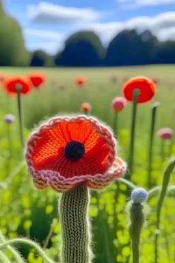 knitted pastel poppy growing in yarn in a field