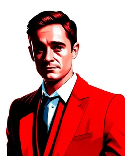 Create a compelling image featuring a man in a red suit with a dapper expression against a white background. Specify a hand-drawn style with bold strokes, emphasizing the meaning of the subject. full head. Ensure the composition captures the essence of elegant expression, creating a visually striking and impactful scene through the use of hand-drawn strokes. Vista frontal