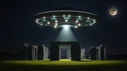 spectacular flying saucer with flashing lights, windows and spotlight onto the ground. Hovering over Stonehenge stone circle, night, dark sky, stars, moon, exquisite composition, beautiful detailed intricate detailed octane render, 8k artistic photography, photorealistic, perfect light, chiaroscuro, award-winning photograph, masterpiece