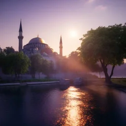 Sultanahmet, spring, sunset, fantasy art, waterfall, lake and blue sky, realistic, unreal engine 5, octane render, cinema4d