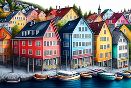 Colored pencil drawing, Very detailed, Drawing of the colorfull houses in the city Bergen in Norway. Colorfull, professional, detailed, pencil strokes, calm composition, zoom out, very detailed and realistic