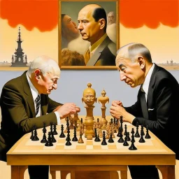 Putin, President Xi Of China And Joe Biden Play Chess With A Pigeon,Ufo And Atomic Bomb Mushroom Cloud,Complex Surgical Instruments Intermixed With A Newborn Boy,Minimalism,Painting By Adrian Ghenie,Rene Magritte,Pablo Picasso,Michelangelo,Salvador Dali,Lucian Freud