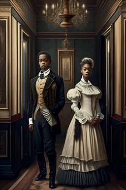 Mulatto siblings of older brother and younger sister in their thirties, dressed in fancy 19th century clothing, standing in the hall of an elegant house