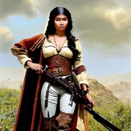 beautiful female mexican outlaw wearing holster with two guns on waist and two rows of bullets in bandolier across chest, long black wavy hair, gorgeous, stunning face, 8k, high-quality, ultra-fine detail, 1800s wild west, detailed matte painting, brian froud, howard lyon, selina french, anna dittmann, annie stokes, lisa parker, greg rutowski, alphonse mucha